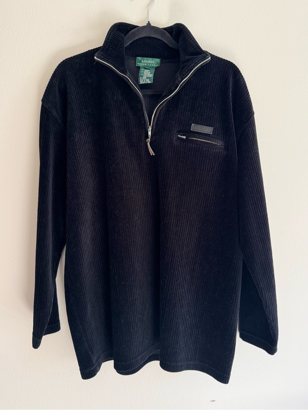 Lauren Ralph Lauren Black Quarter-Zip Pullover Sweater Ribbed Velour size large